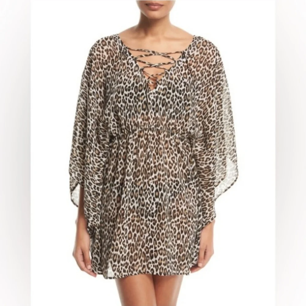 Tommy Bahama Animal Print Lace-up Tunic Swim Cover Up Sz L/XL Stretch Waist - Picture 1 of 12